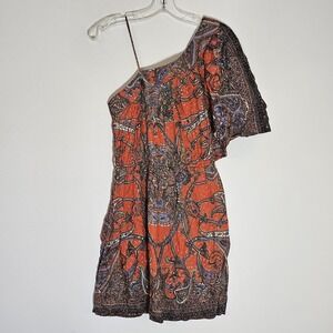 Angie Dress Womens Medium Orange Boho Paisley One Shoulder Asymmetrical Festival